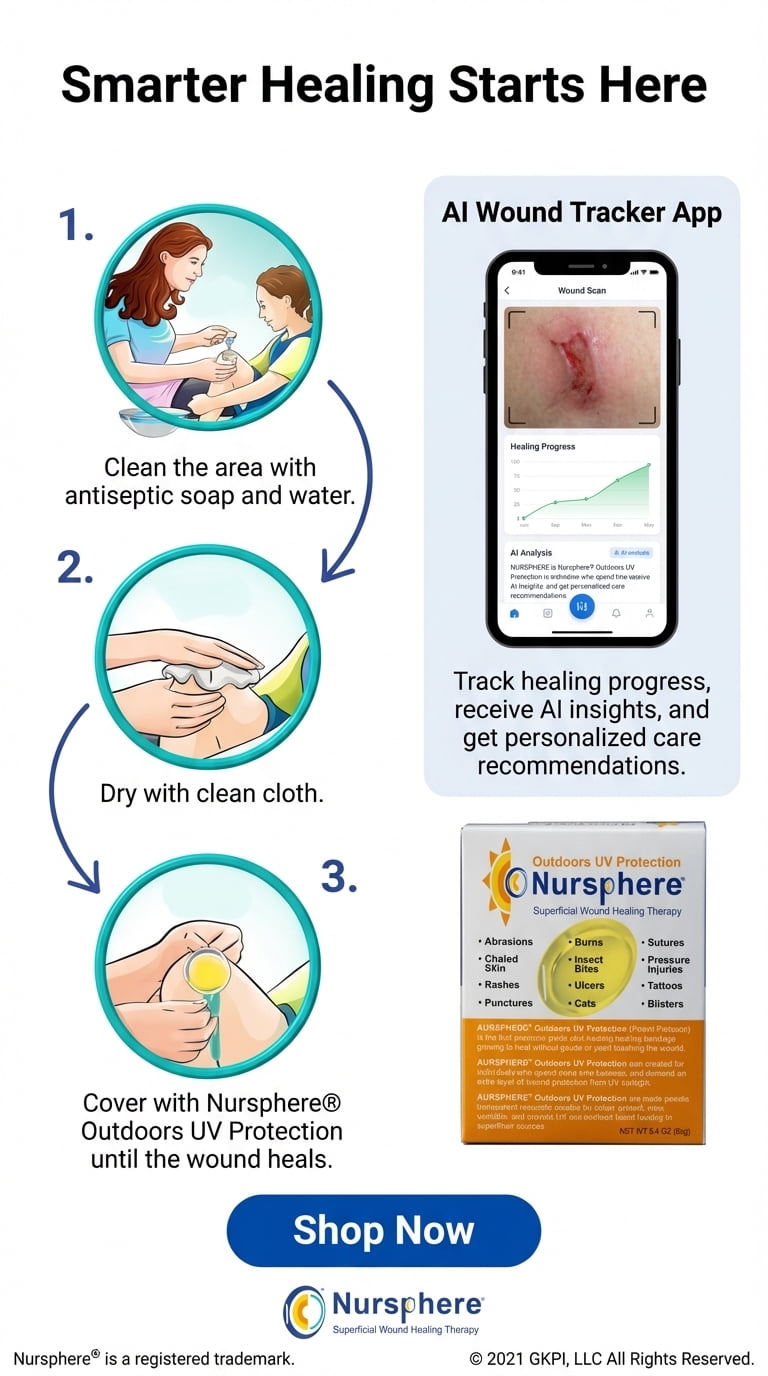 Nursphere® Dome Bandage™ Outdoors UV Protection with Wound Tracker™ App U.S. Medical Utility Patent No. 12,636,195.