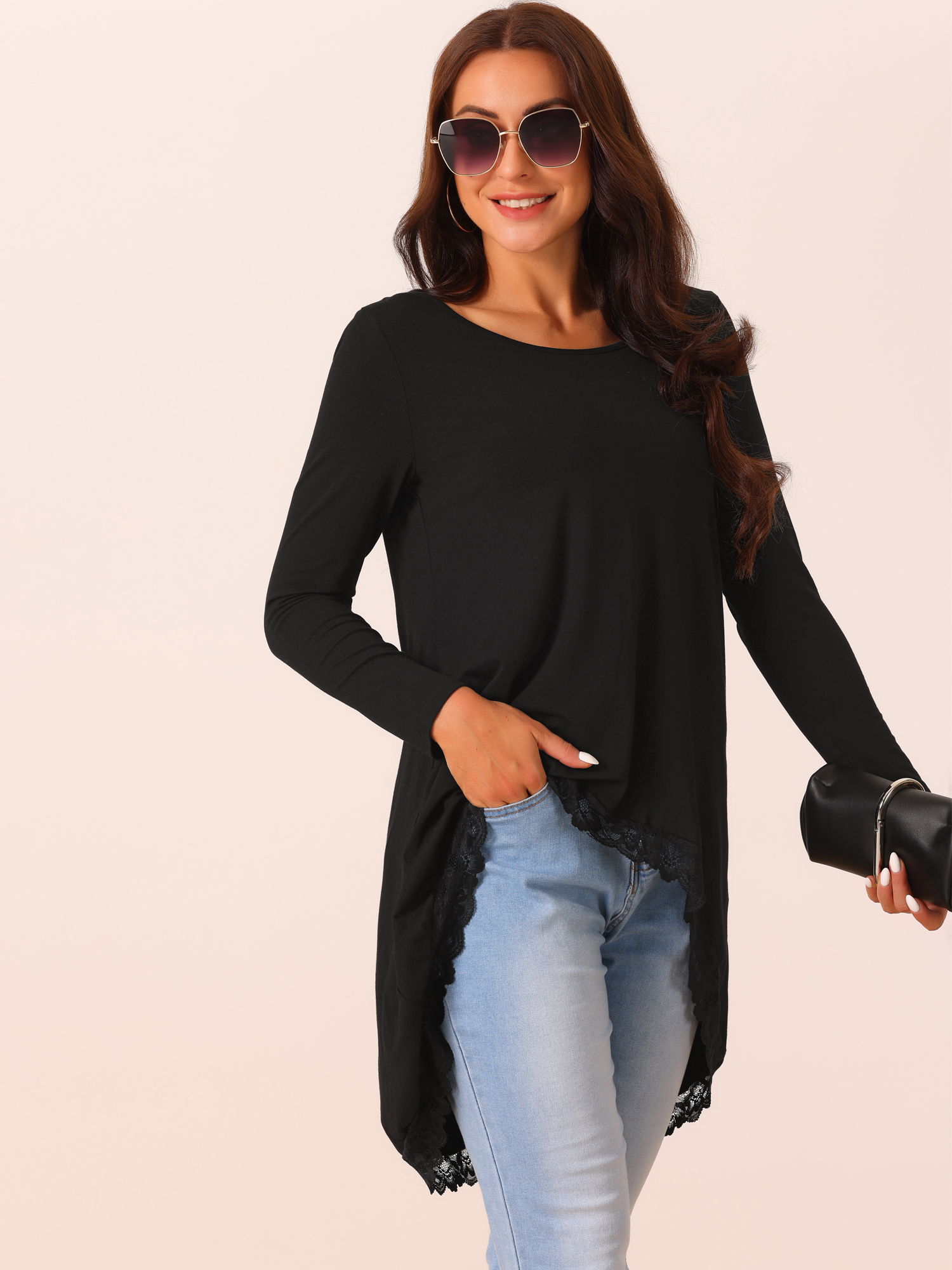 DARING DIVA Women's High Low Hem Lace Trim Flowy Blouses M Black