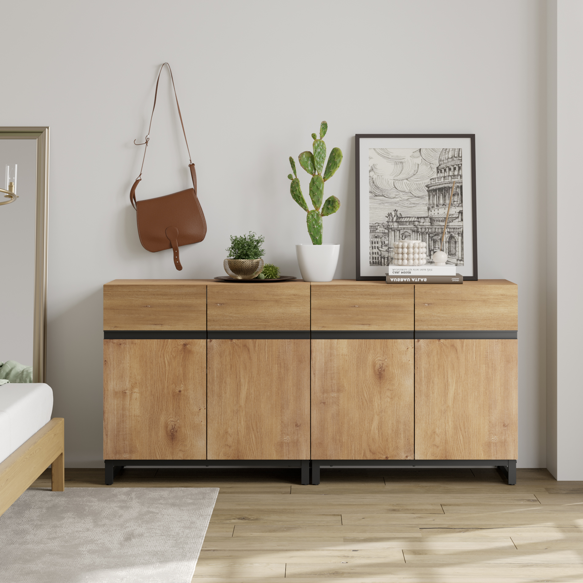 WAMPAT 4-Piece Modern 72" Tall Bookcase with 6 Drawers and Adjustable Shelves, Wood Freestanding Library Bookshelf with Storage Cabinet and Open Shelving for Home Office, Living Room, Oak
