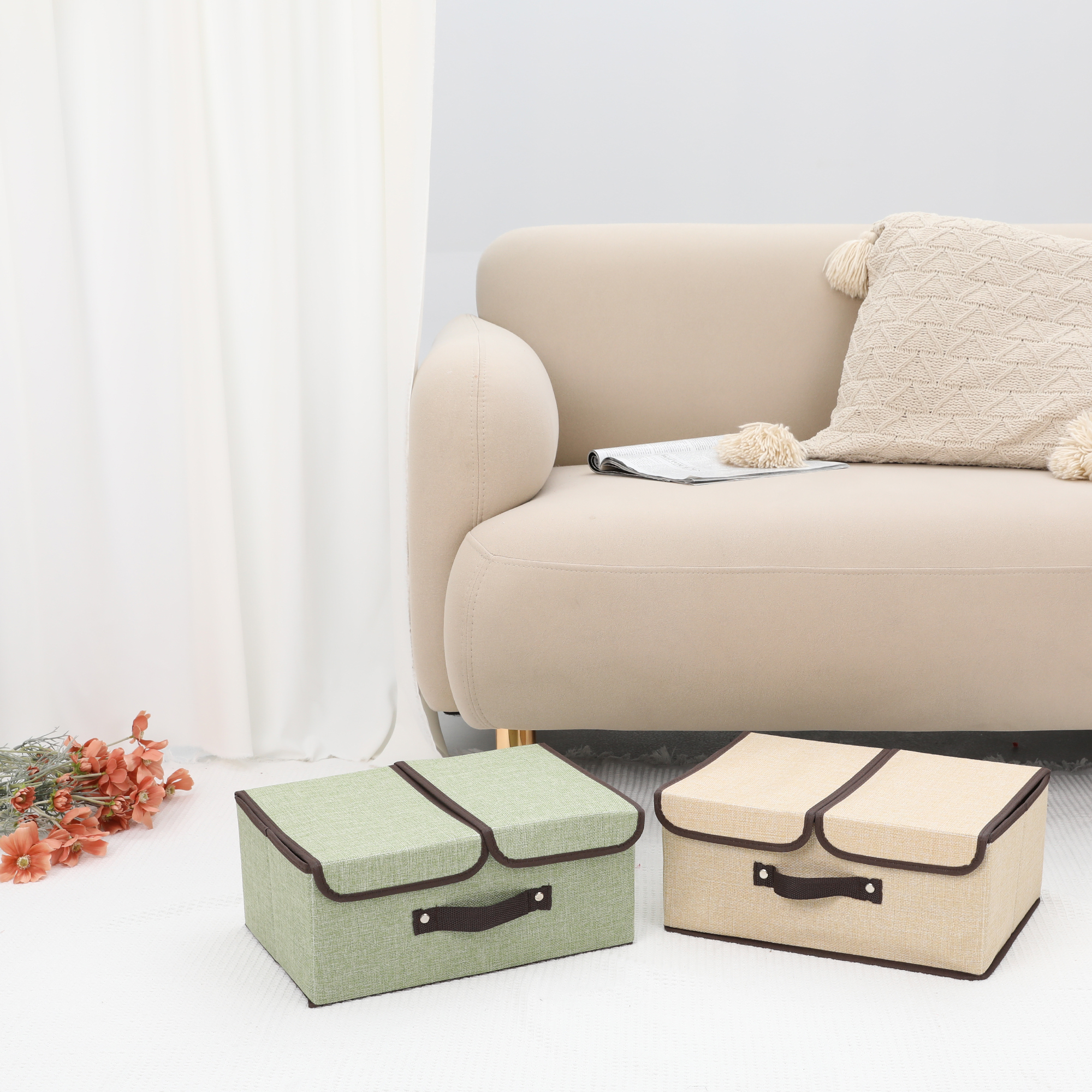 Unique Bargains Collapsible Storage Bin Basket with Handle for Shelves Organization Beige