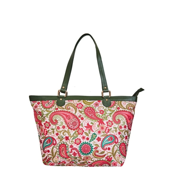 Sishka Hand Crafted Printed Nylon & Leather Ladies Shoulder  Tote Bag – Stylish Zip Closure Handbag with Leather Trim, Travel & Work Tote for Women