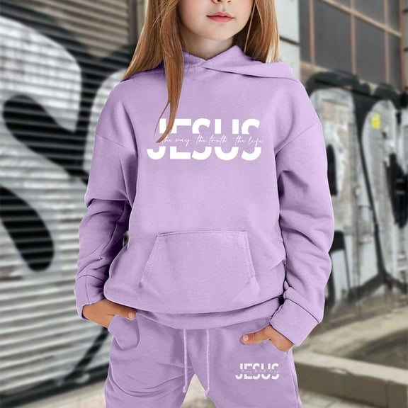 Kids Sweatsuit Set for Girls 2PC Long Sleeve Purple Soft Hoodie Sweatpants Set Fall Winter Clothes Teen Girls Trendy Clothes 6-7 Years