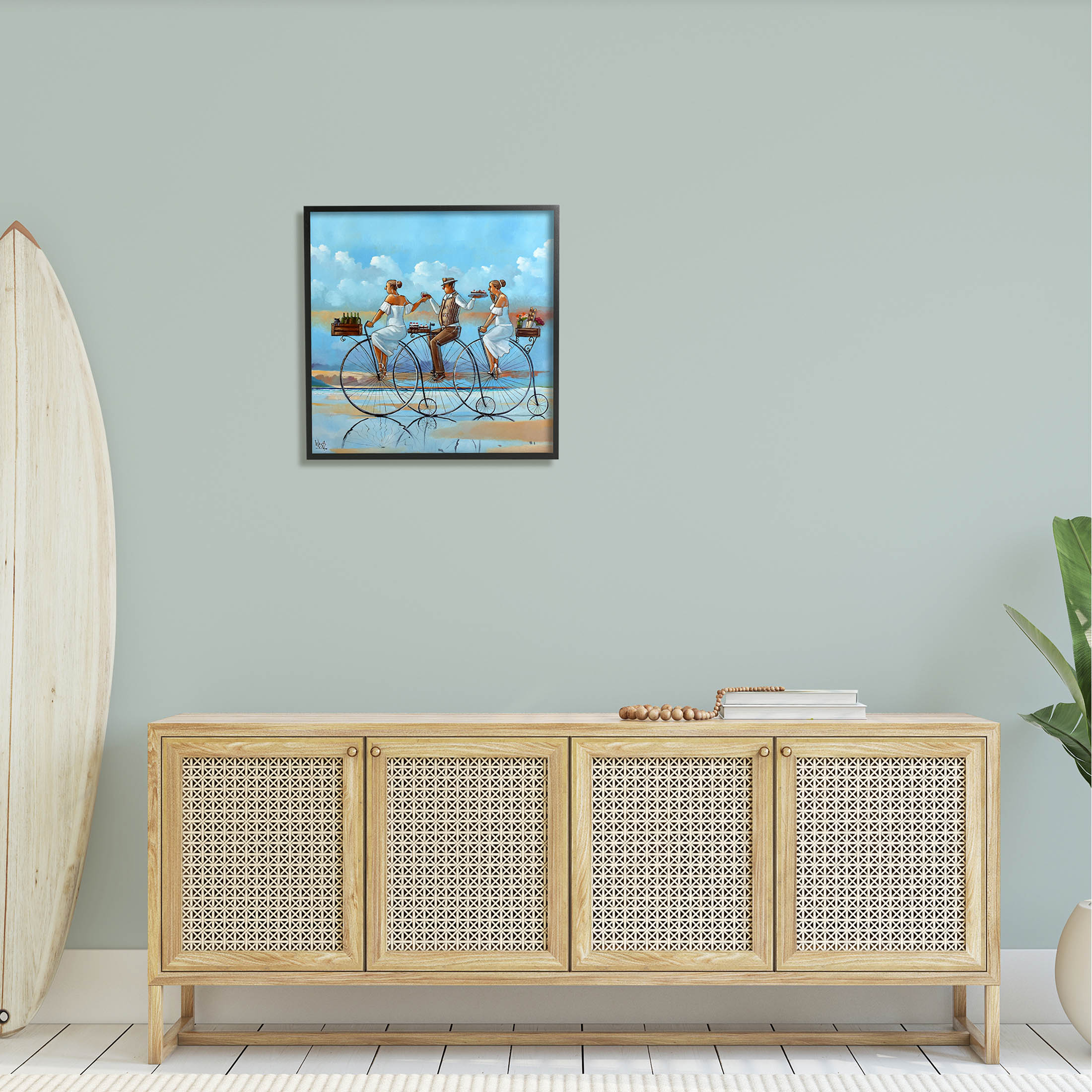 Summer Shore Bicycle Ride Coastal Painting Black Framed Art Print Wall Art
