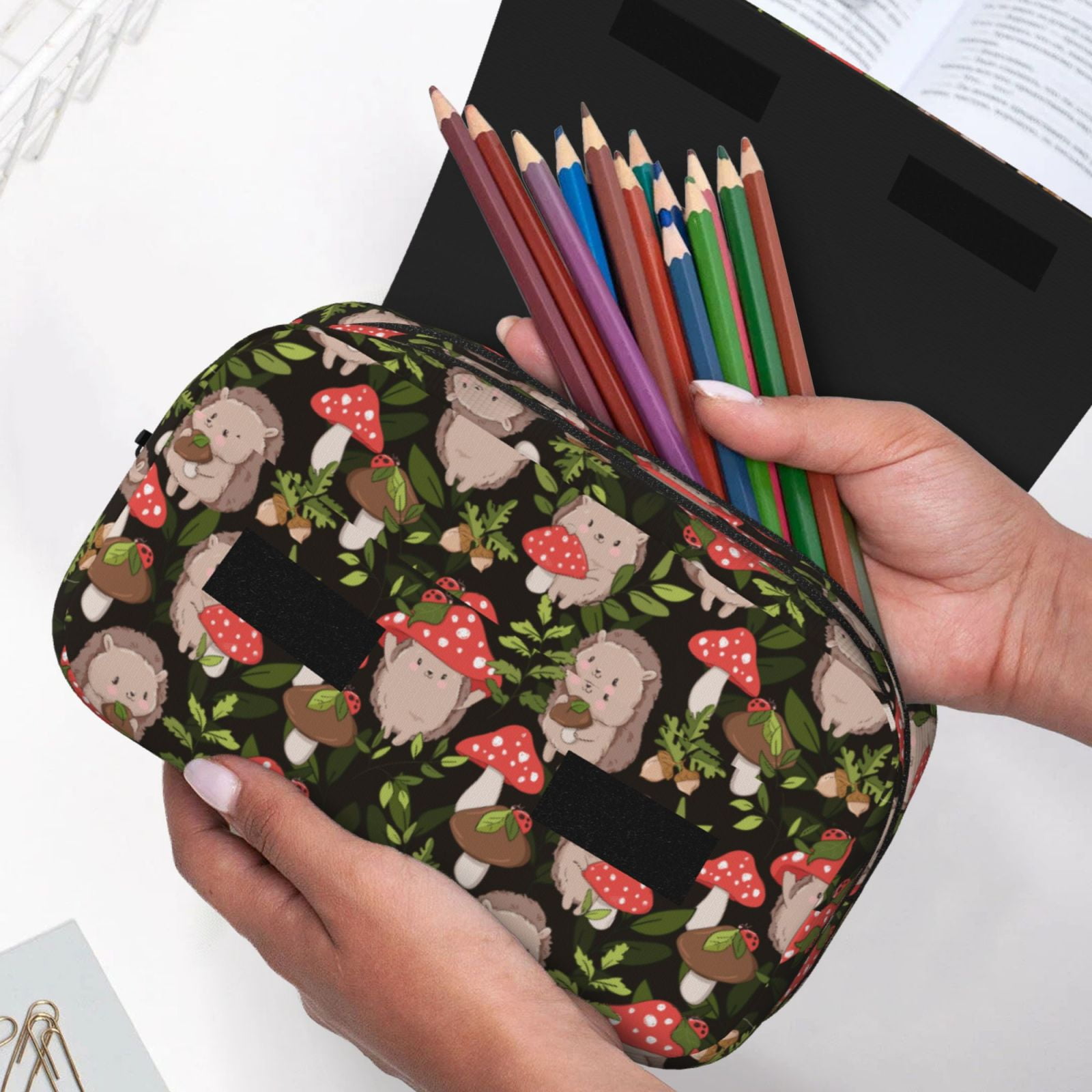 Rateoe Edgehog and Mushrooms Pattern Double Clamshell Pen Case, Storage Organizer with Two Zipper Compartments– Holds Up to 50 Pencils & Pens