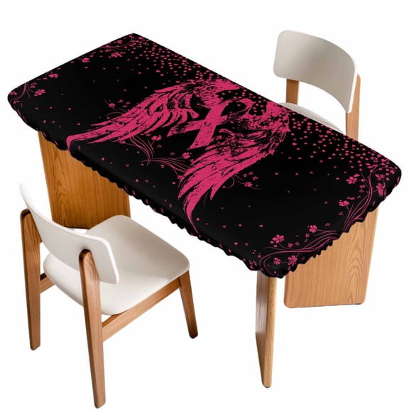 Pink Ribbon Table Cloths for 4 Foot Rectangle Tables, Wings Romantic Love Heart Flowers Black Patio Waterproof Elastic Fitted Tablecloths, Washable Rectangular Table Cover for Camping