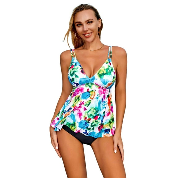 Attraco Women Fashion Tankini Set Swimwear Swim Sets Spaghetti Strap V Neck Bathing Suit