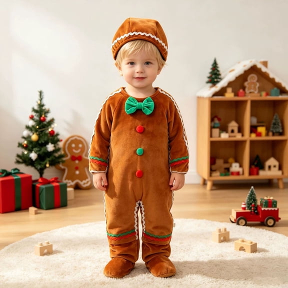 Pandaie Toddler Gingerbread Man Plush One Piece Jumpsuit Bow Decor Outfit with Hat and Foot Covers Outfit Brown,18-24 Months