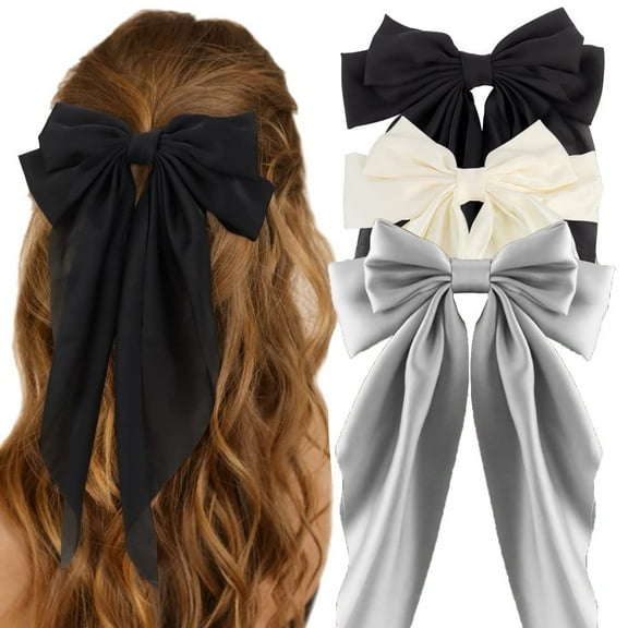 MRSXXNTY Hair Bow Silky Satin Hair Bows for Women 3Pcs Large Hair Ribbons Oversized Long Tail Bow Hair Clips Barrettes Metal Clips Bowknot Girls Hair Accessories--Black White Grey
