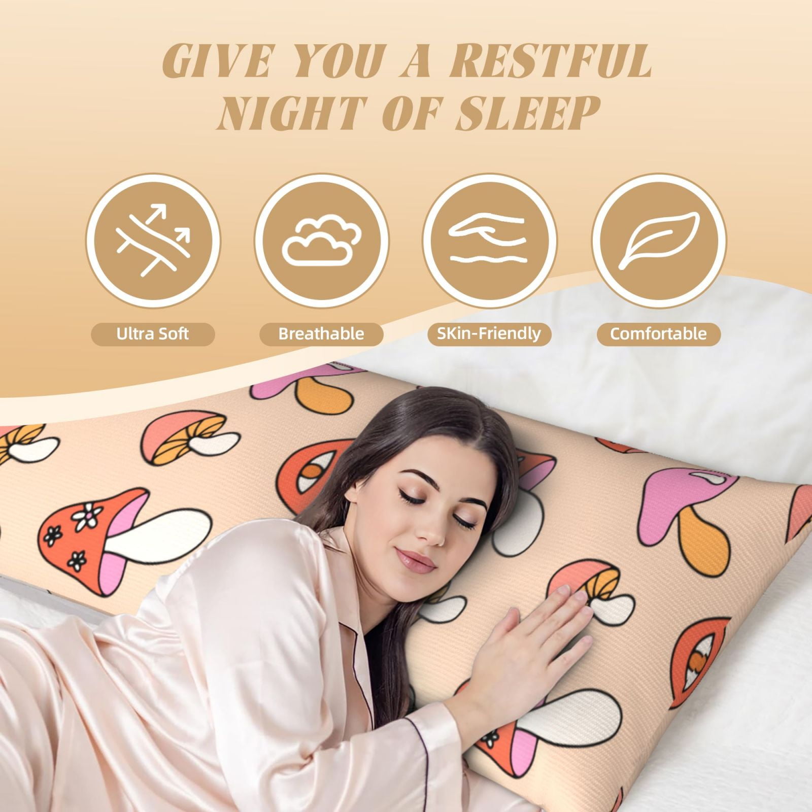 Naloa 70s Mushroom Super Soft 20x60 Body Pillow Case,Long Side Hidden Zipper（PILLOWS ARE NOT INCLUDED）