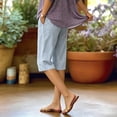 thumbnail image 5 of Josdec Women's Casual Striped Linen Bermuda Shorts Elastic High Waist Straight Leg Knee Length with Pockets for Summer Daily Beach Wear, 5 of 7