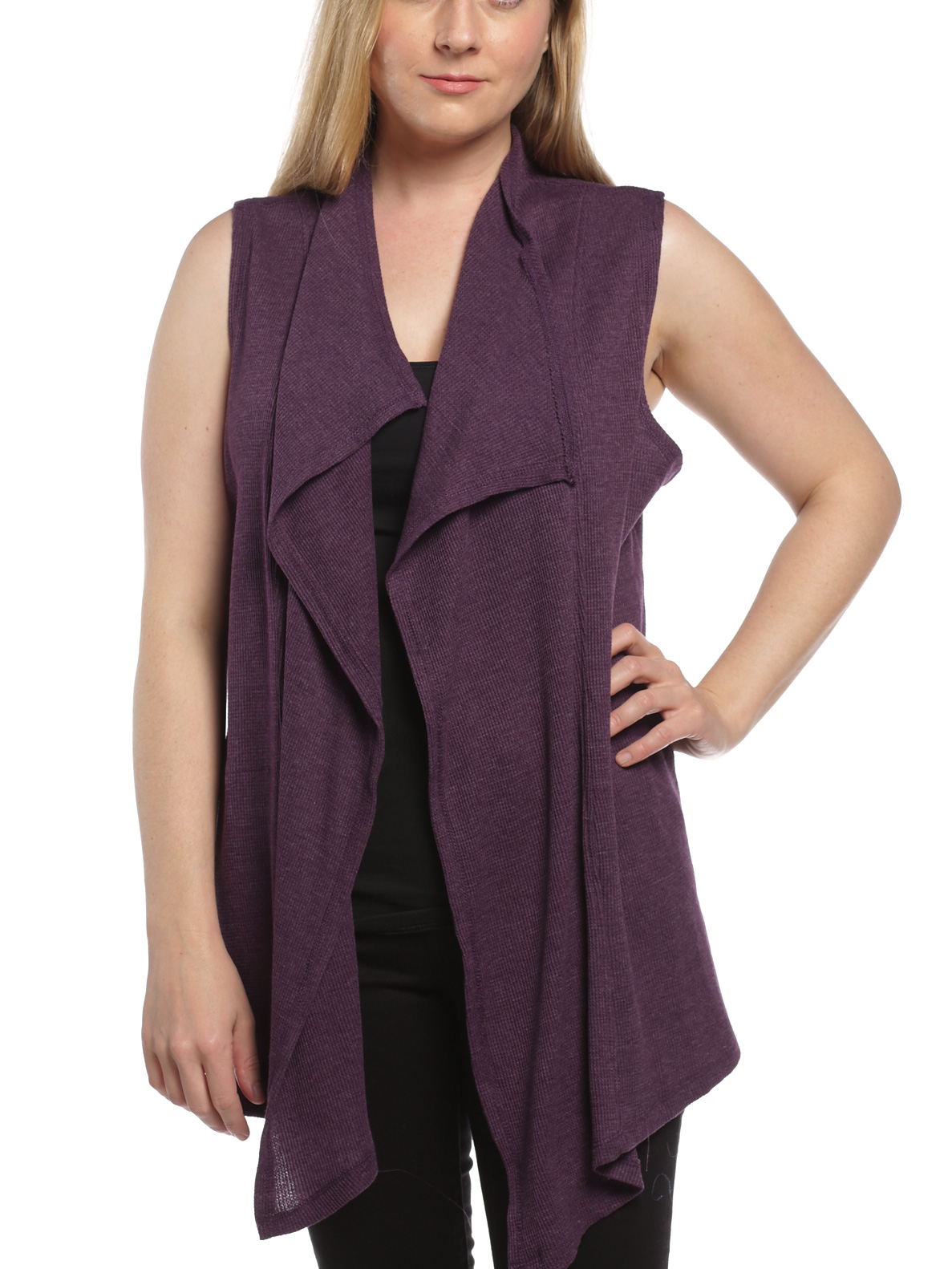 purple sleeveless cardigan