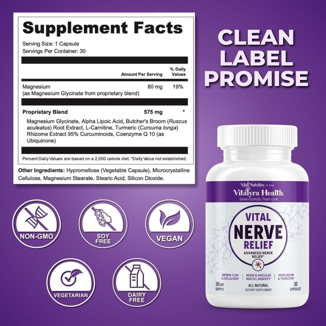 Vitalyra Nerve Relief Daily Nerve Support Supplement, Vegan Non-GMO Gluten-Free Sugar-Free Nerve Health Formula, 60 Capsules 30-Day Supply