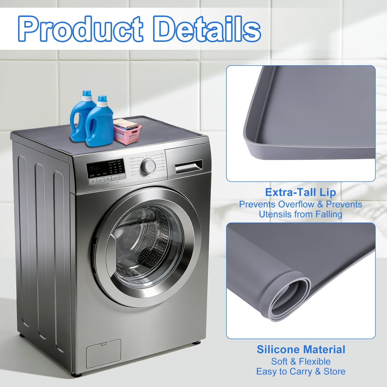 Uxcell 2Pcs Washer and Dryer Top Protector Mat (27" x 27") - Non-Slip Heat-Resistant Leak-Proof Washable, Silicone Washing Machine Top Cover Pad for Home/Kitchen/Laundry Room, Gray