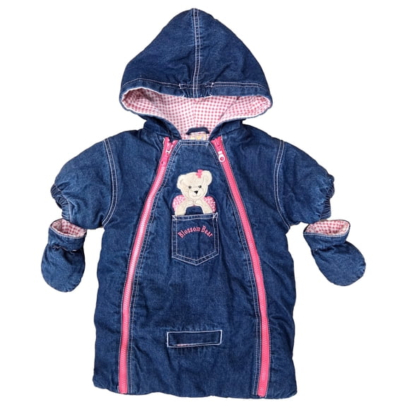 Infant Girls Denim Blue Blossom Bear Hoodie Baby Pram Snow Suit 0-3 Months