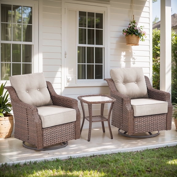 POCASSY 3 Pieces Patio Furniture Set with 6-Inch Thick Cushions Outdoor Swivel Patio Chairs Set of 2, Outdoor Brown Wicker Swivel Glider Rocking Chairs with Side Table for Porch Deck - Beige