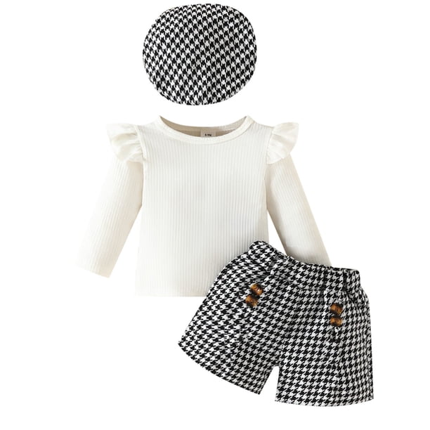 Gibobby Conjunto de 3 piezas de pantalones de otoño para Niñas pequeña, Top de manga larga con volantes + Mini pantalones cortos de pata de + sombrero de (Blanco, 6-9 Meses)