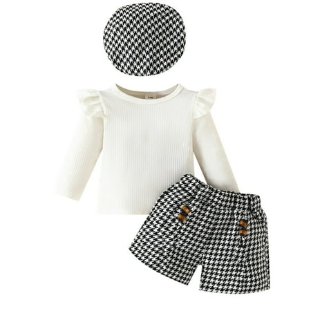 

EHQJNJ Baby Girl Outfits Toddler Girl Fall Clothes Set Ruffle Long Sleeve Top+ Mini Houndstooth Shorts+ Beret Hat 3Pcs Clothes Set Baby Kid Fall Winter Outfit Travel Outfit