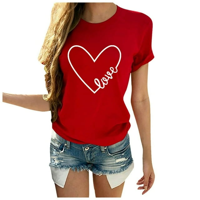 T-shirt Décontracté à Manches Courtes Col Rond Imprimé Lettre en Forme de Cœur pour Femmes pour la Saint-Valentin