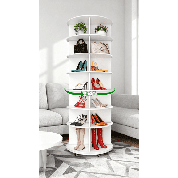 7-Tier Rotating Shoe Rack Organizer with Lockable Wheels and Boot Storage, for Bedroom Closet