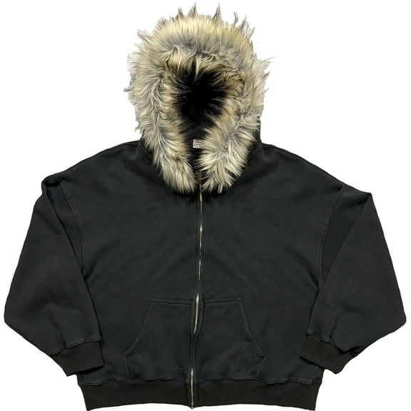 Wuxian Men Retro Streetwear Jacket Fuzzy Hoodie Soft Lined Zipper Up Solid Color Long Sleeve Comfortable Casual Fit Cozy Stylish Outwear,Black,L