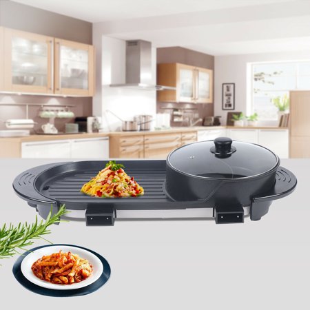 Fichiouy 2 in 1 Electric Hot Pot BBQ Grill Portable Smokeless Barbecue Pan Grill Nonstick 1100W