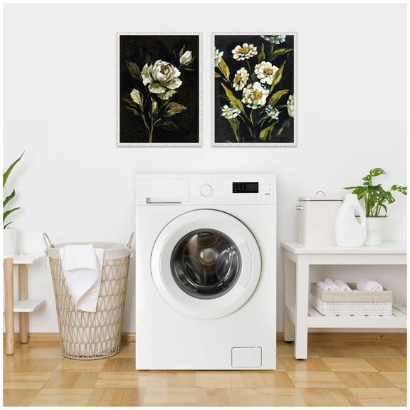 Kate and Laurel Moody Floral 1 and 2 Set of 2 18x24 Framed Canvas Wall Art Set by Annie Quigley, Sylvie Beaded White, Modern, Flowers, Nature Art for Wall Decor, Living Room, Bedroom