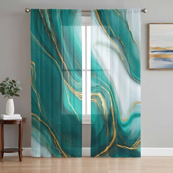 Teal Marble Sheer Curtains 63 Inch Length 2 Panels Set Window Treatments, Modern Gradient Abstract Gold Fluid Art Rod Pocket Semi Curtains for Living Room/Bedroom/Kitchen Décor, 104"W x 63"L
