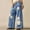 Blue, variant on Women's Boho Crochet Flower Applique Wide Leg Jeans Elastic Waist with Drawstring Relaxed Washed Denim Trousers Dark Blue