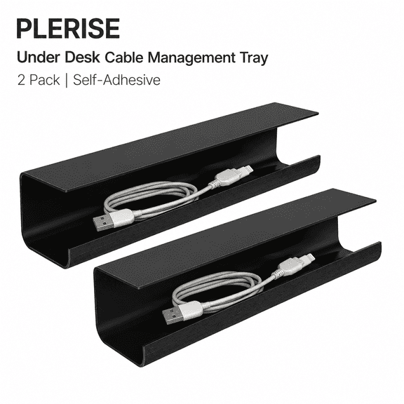 PLERISE 2 Pack Under Desk Cable Management Tray – Self-Adhesive No-Screw Cord Organizer, 15.75"L x 3.5"W x 3.9"H, PVC Material, Include 5 Cable Ties & Adhesion Promoter, Black