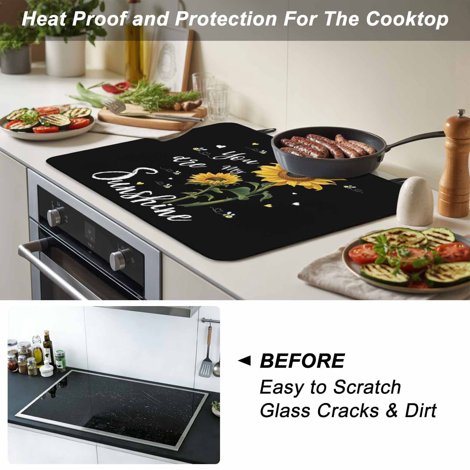 Yellow Sunflower Stove Top Cover for Electric Stove, Heat-proof & Non Slip Glass Top Stove Cover Protector, Summer Flower Bee Sunshine Black Kitchen Flat Cooktop Rubber Mat 31x24 Inches