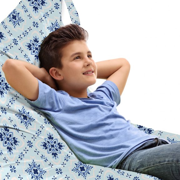 Azulejo Lounger Chair Bag, Repetitive Talavera Ethnic Style Pattern in Blue Tones Illustration, High Capacity Storage with Handle Container, Lounger Size, Pale Blue Night Blue, by Ambesonne