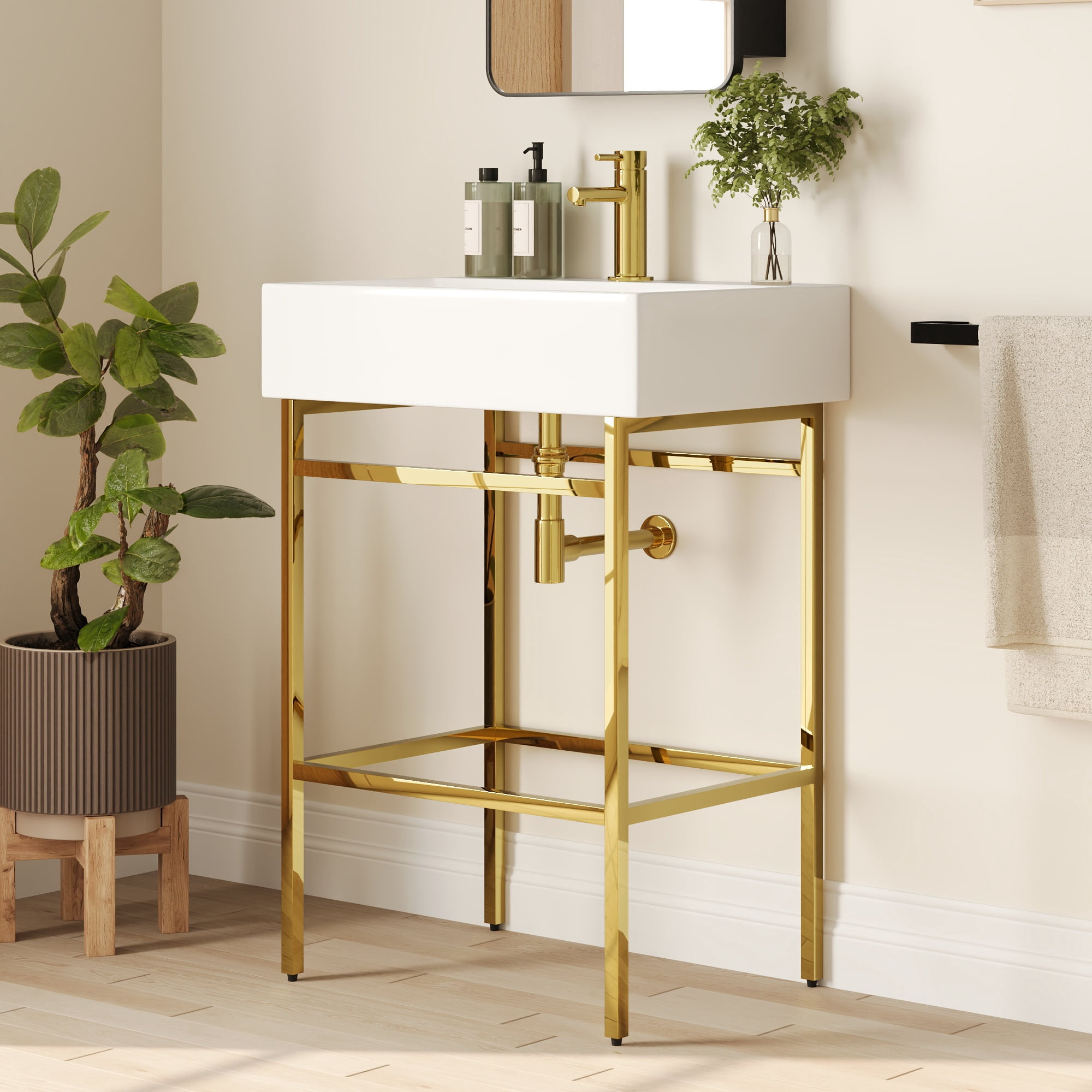 24 in. L x 17 in. W Ceramic Rectangular Bathroom Console Sink in White with Golden Legs and Overflow