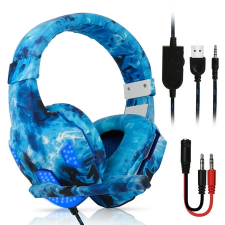 TSV Gaming Headsets Fit for PS4 PS5 Xbox One PC, Noise Cancelling Over Ear Headphones with Mic, LED Light, Bass Surround, Soft Memory Earmuffs for Laptop Mac Nintendo Games - Blue