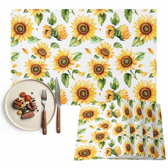 Floral Botanical Print Placemats Set of 8, Watercolor Sunflower Pattern Table Mats Washable Heat-Resistant Non-Slip Place Mats for Kitchen Dinner Table Indoor Outdoor Decor,13x19 Inch