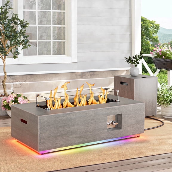 Evita 42" Propane Fire Pits for Outdoor 50,000 BTU Gas Fire Pit Table with Lid ,Glass stone,Windguard Glass,Tank Cover,LED Light Strip