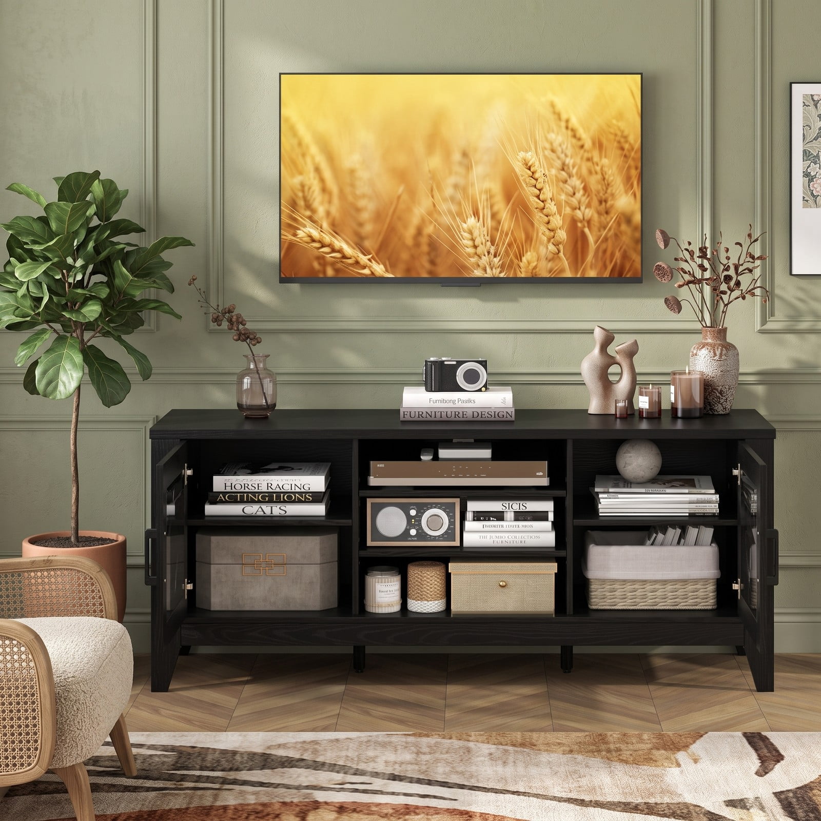 Furnibear Farmhouse TV Stand for TVs Up to 65 Inches, Entertainment Center with 4 Adjustable Shelves, Glass Door Cabinets and Cable Management, Media Console, Black