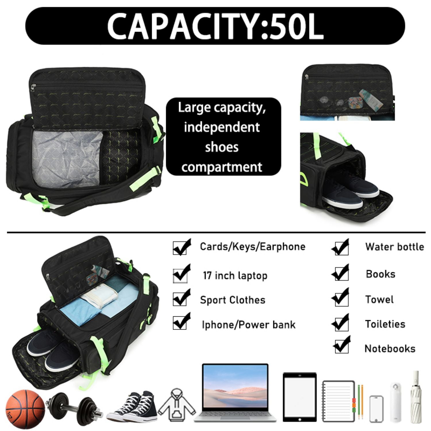 BE SMART 50L Extra Large Gym Backpack for Men, Big Gym Bag with Shoes Compartment, Waterproof Heavy Duty Duffel Bags, Men's Workout Backpacks for Outdoor Sport,Hiking,Camping (XL)