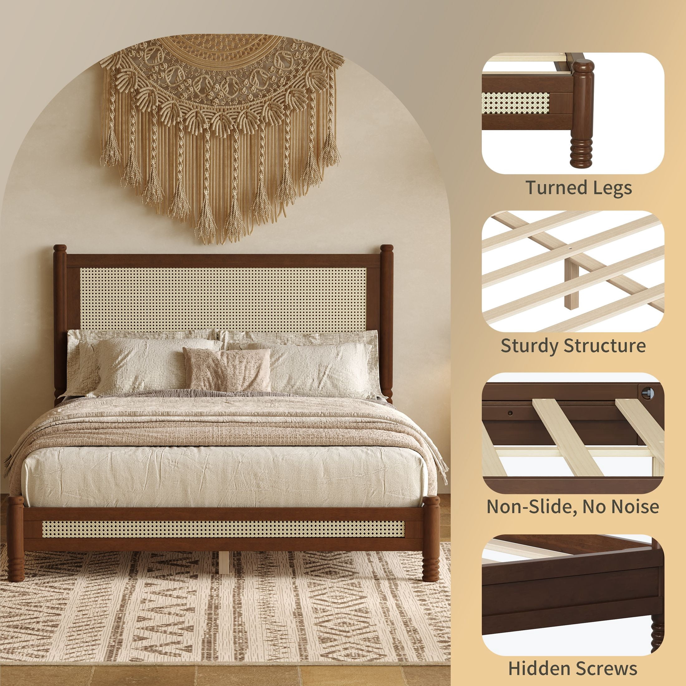 GDF Studio Annes Full Size Boho Rattan Platform Bed Frame with Turned Legs, Woven Cane Pine Wood Bed Frame, Walnut