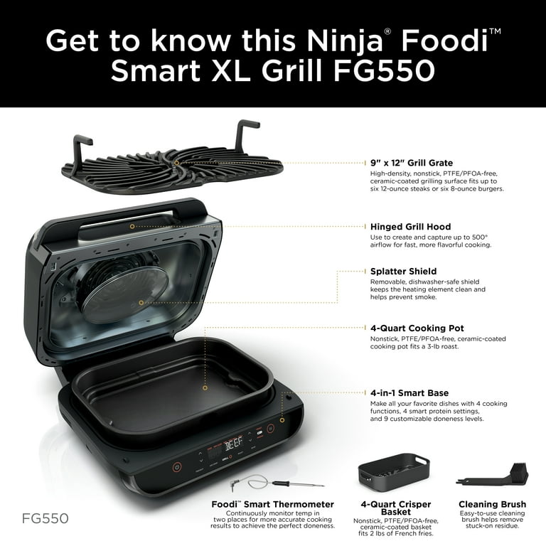 Ninja FG550 Foodi Smart XL 4-in-1 Indoor Grill with 4-qt Air Fryer, Roast, and Bake