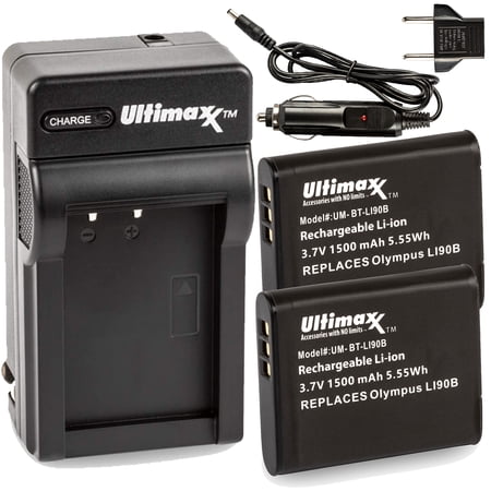 Professional Rapid Travel Charger with 2X LI-90B Extended Life Battery (1500mAh) for Olympus Tough TG-6 TG-5 TG-Tracker SH-1 SH-2 SP-100 IHS TG-1 iHS TG-2 iHS TG-3 TG-4 SH50 iHS SH60 XZ-2