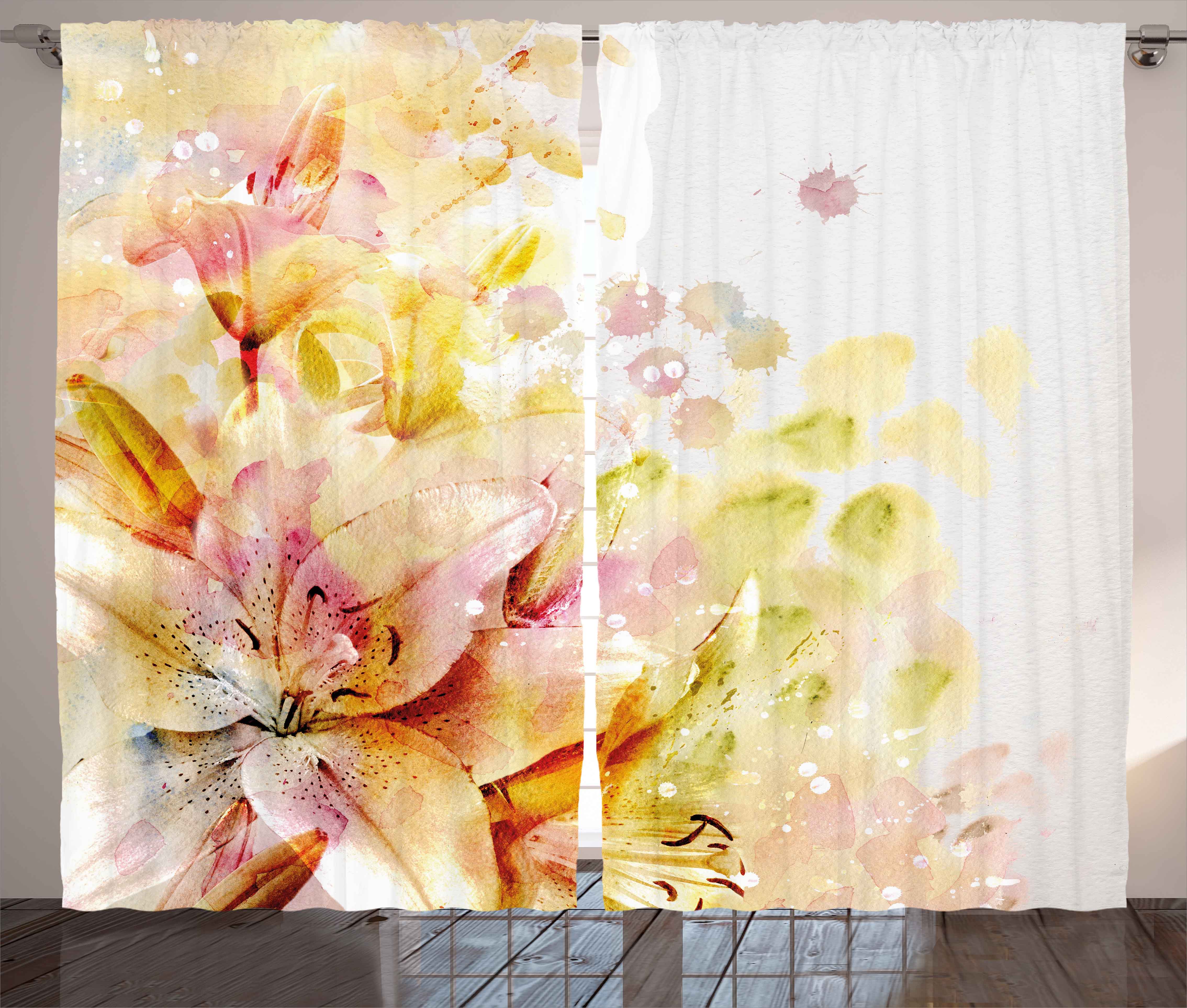 Shabby Chic Curtains 2 Panels Set Watercolored Lilies Flowers