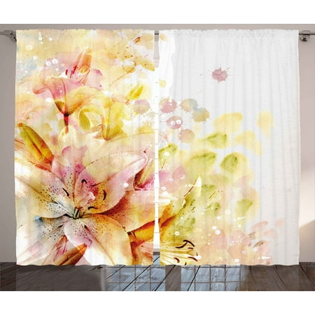 Shabby Chic Curtains 2 Panels Set Watercolored Lilies Flowers