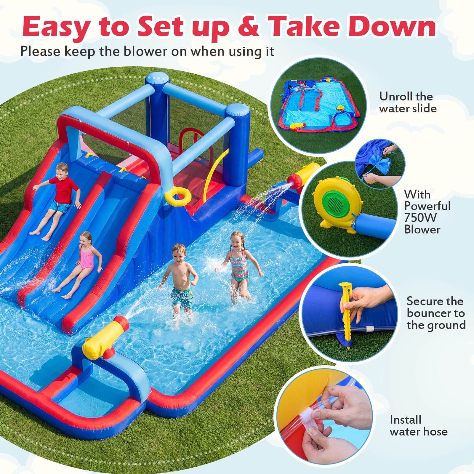 Costway Giant Inflatable Water Slide Park with Double Slides & 3 Water Cannons With 750W Blower