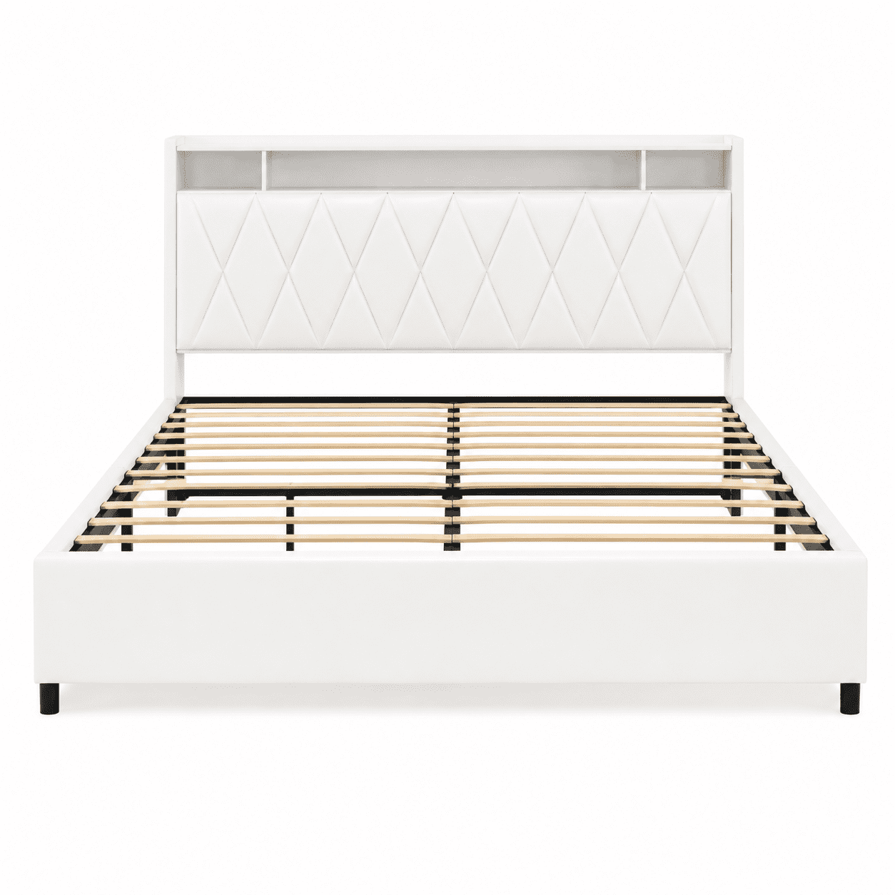 Queen Size Platform Bed Frame with Storage Shelf Headboard, Outlets & Charger, LED Light, 4 Drawers