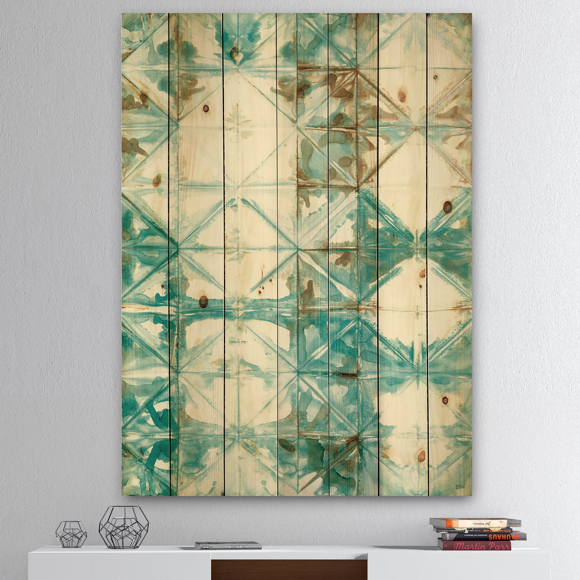 Designart 'Turquoise Watercolor Geometrical Pattern IV' Modern & Transitional Print on Natural Pine Wood
