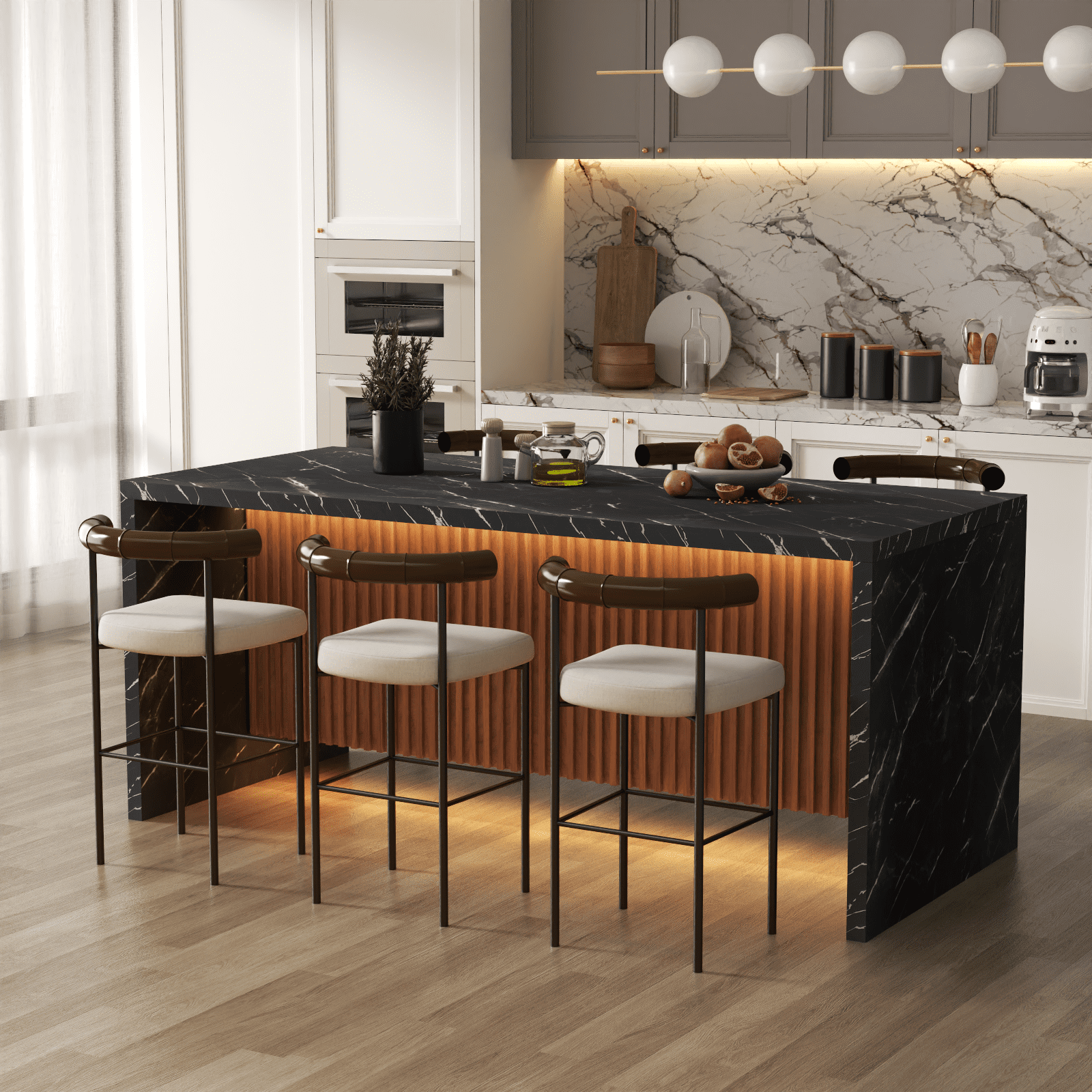 71" Modern Black Marble Dining Table with LED Lights, Rectangular Faux Marble Kitchen Table for 4-6 People, Large Island Table with Striped Grille Base for Dining Room, Home, or Living Room