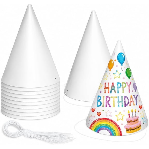 White Paper Party Hats for Birthday,Decorative Bulk Cone Hat for Adults Art DIY, Halloween Supplies(10/20/40/60) 10