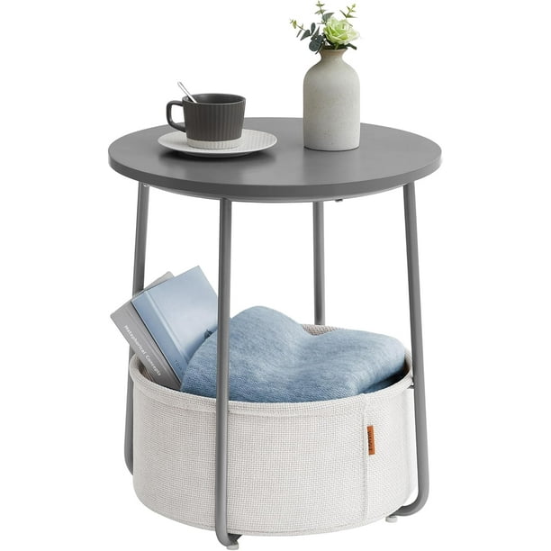 VASAGLE Mesa Auxiliar, Mesa Lateral Redonda con Cesta de Tela, Mesita de Noche, Estilo Moderno, Gris Cemento y Blanco Nube