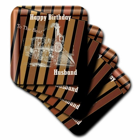 3dRose Image of Happy Birthday Best Husband With Steam Train - Ceramic Tile Coasters, set of