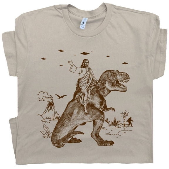 Jesus Riding Dinosaur T Shirt Funny T Shirts for Men Women UFO T Shirt Offensive Shirt Cool Graphic T Shirts Crazy Shirts T Rex Novelty Tee